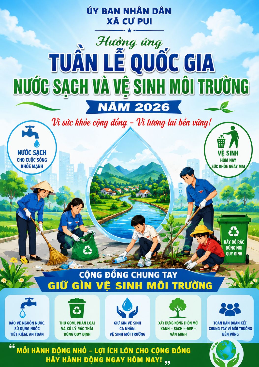 Cư Pui triển khai các hoạt động hưởng ứng Tuần lễ quốc gia Nước sạch và Vệ sinh môi trường năm 2026.